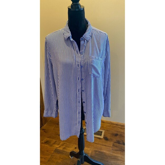 Grand & Greene Button Down Blouse Plus Size XL Blue White Stripes Collar Pocket - Picture 1 of 10